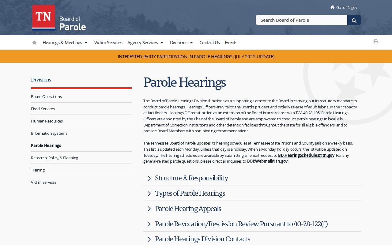 Bedford County parole hearing procedure and supervision record source